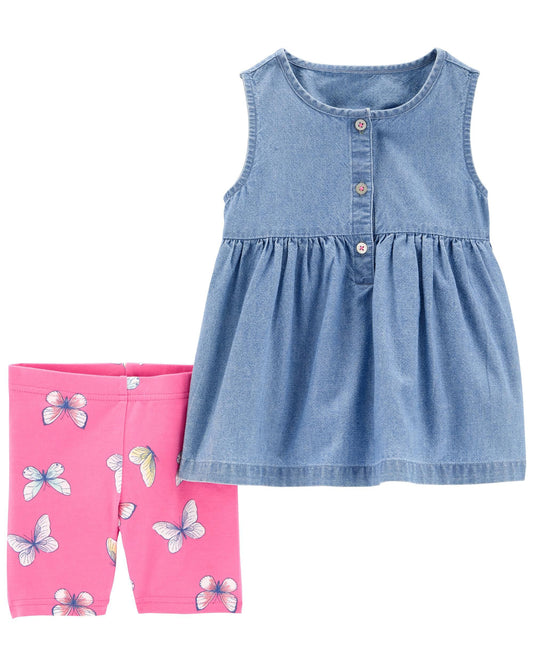 2-Piece Chambray Top & Butterfly Bike Shorts