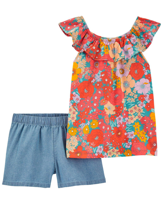 2-Piece Floral Top & Chambray Short Set